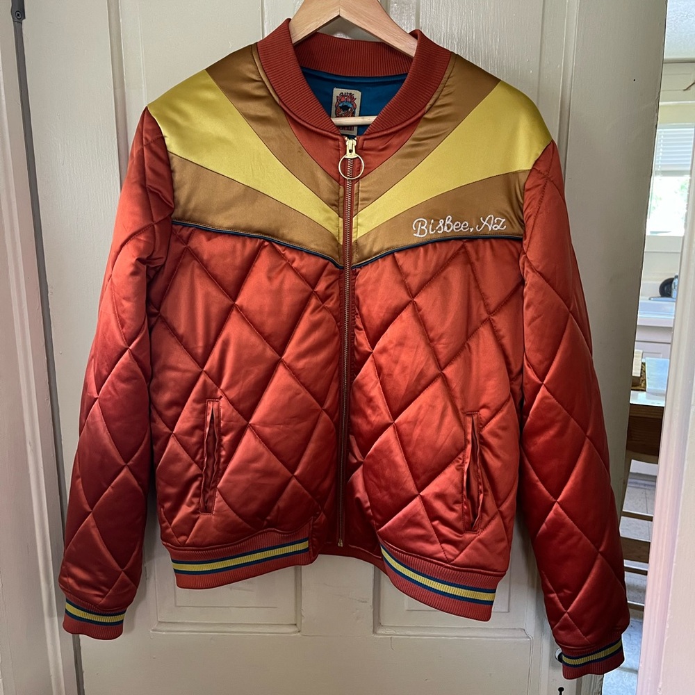 Burnt Orange Chainstitch Rising Sun quilted bomber coat by Classic Rock Couture